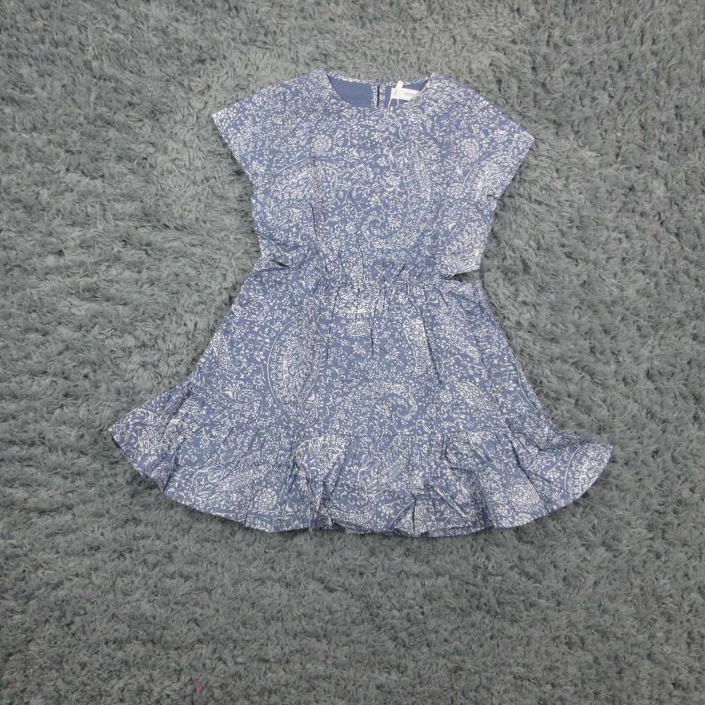 MNG Mango Dress Girls 6 Blue White Floral Ruffle Hem Short Sleeve Peggy NWT
